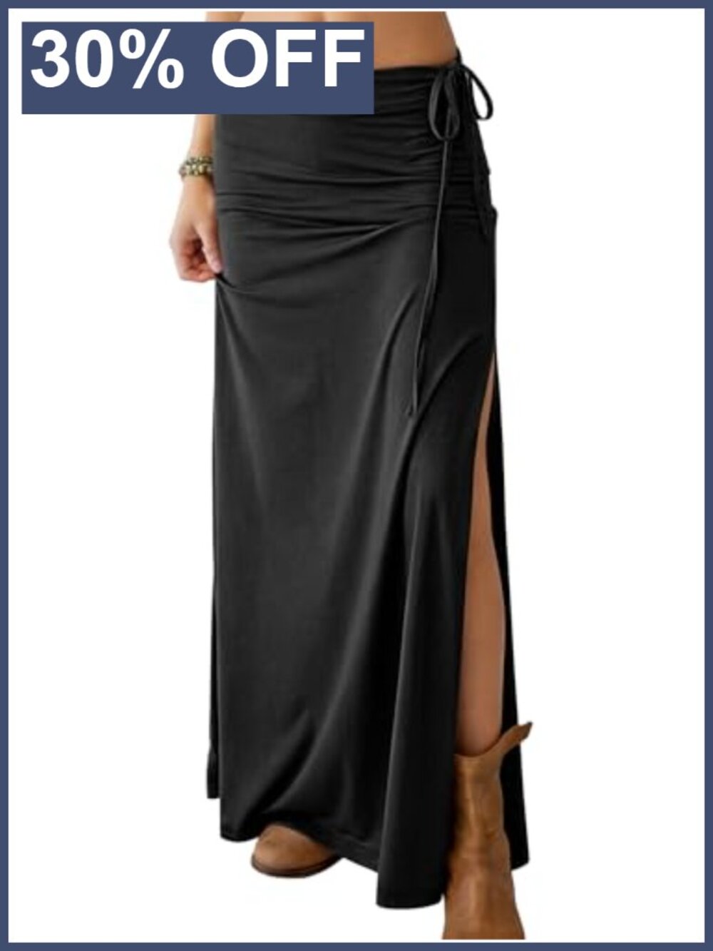 High Waisted Side Slit Maxi Skirt Flowy Elastic Waist Drawstring Beach